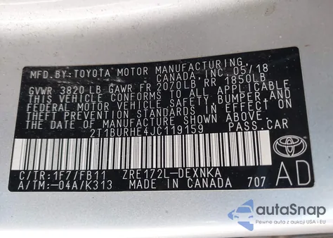 2018 Toyota Corolla Le z USA, uszkodzony, nr VIN 2T1BURHE4JC119159